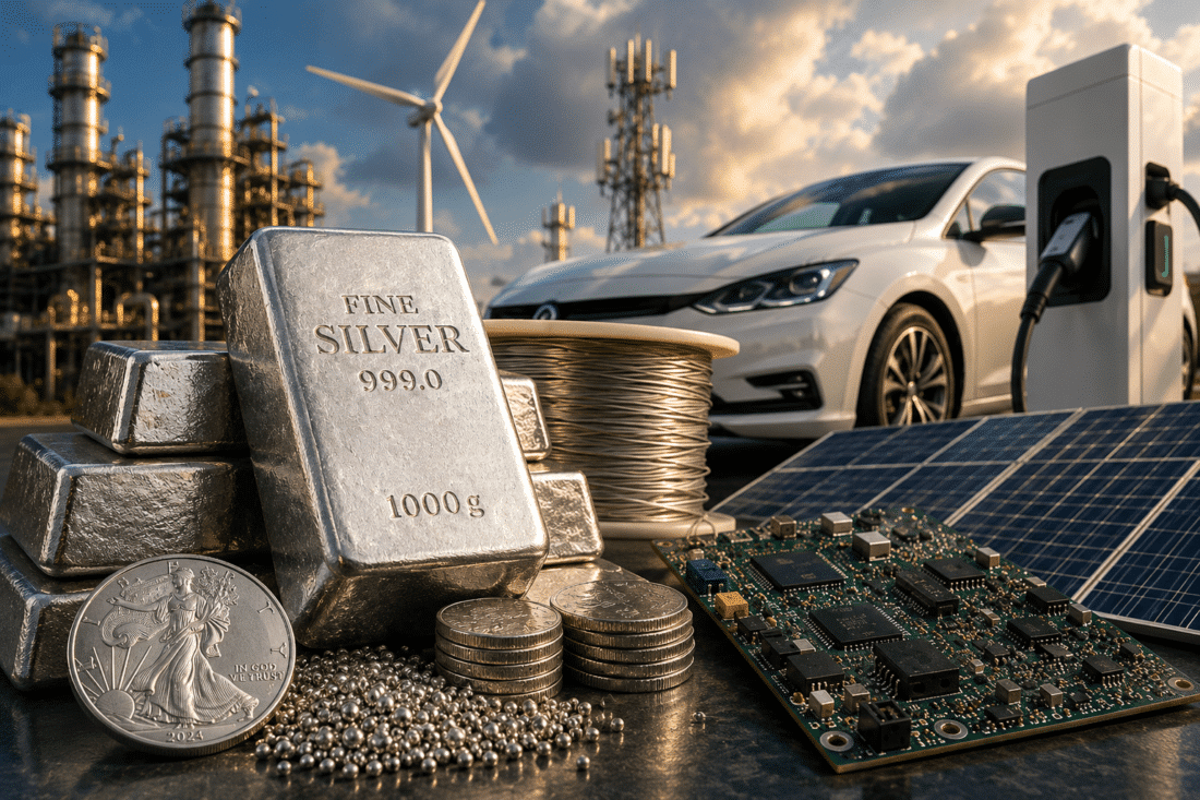 Silver bars and coins beside solar panels and electric vehicles illustrating the silver price forecast driven by rising industrial demand