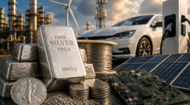 Silver bars and coins beside solar panels and electric vehicles illustrating the silver price forecast driven by rising industrial demand
