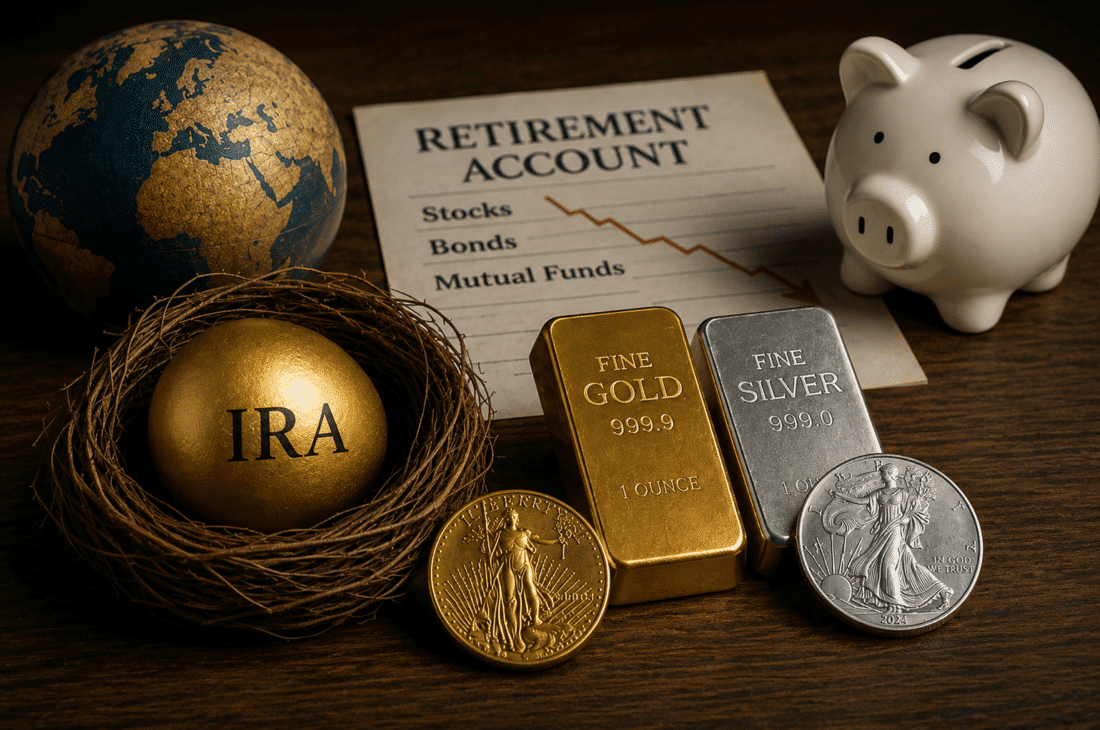 Gold IRA retirement diversification concept featuring a nest egg labeled IRA, gold and silver bullion, retirement account paperwork, globe, and piggy bank.