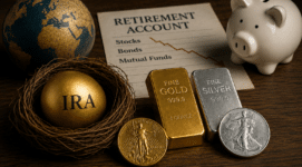 Gold IRA retirement diversification concept featuring a nest egg labeled IRA, gold and silver bullion, retirement account paperwork, globe, and piggy bank.