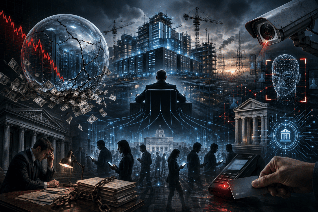 AI bubble burst illustration showing surveillance systems, data centers, debt markets, and centralized digital financial control
