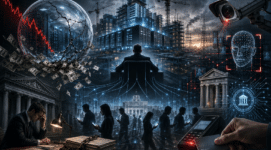 AI bubble burst illustration showing surveillance systems, data centers, debt markets, and centralized digital financial control