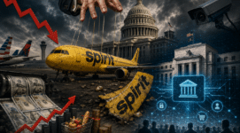 End of Spirit Airlines illustration showing government control, inflation, and financial surveillance themes