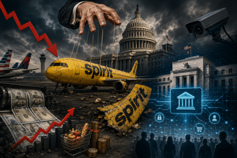 End of Spirit Airlines illustration showing government control, inflation, and financial surveillance themes