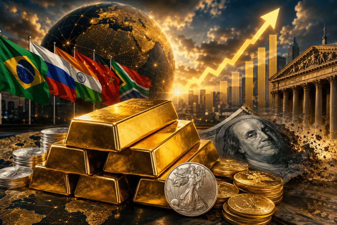 Gold Price Prediction illustration showing BRICS nations buying gold as the dollar weakens