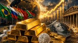 Gold Price Prediction illustration showing BRICS nations buying gold as the dollar weakens