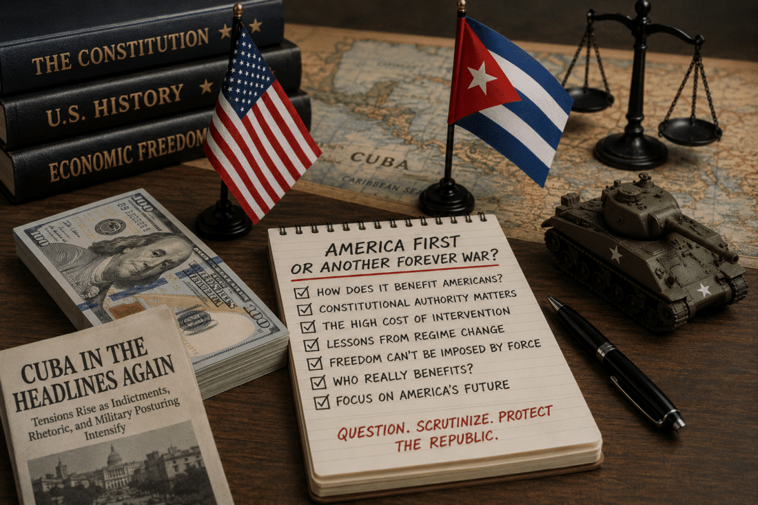 America First Cuba intervention debate featuring U.S. and Cuban flags, constitutional books, money, military symbolism, and questions about foreign intervention and national interest.