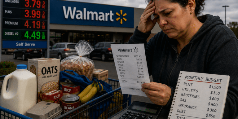 Concerned woman reviewing Walmart grocery receipt beside shopping cart and rising gas prices while struggling with household budget during inflation crisis