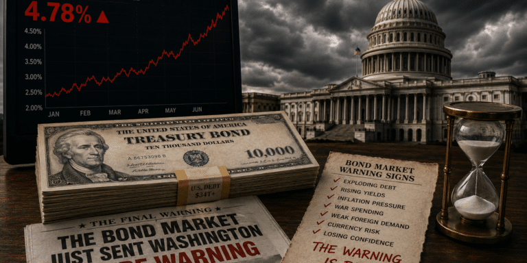 Storm clouds over the U.S. Capitol beside rising Treasury yields, debt warnings, Treasury bonds, and financial crisis imagery representing bond market instability and U.S. debt concerns.