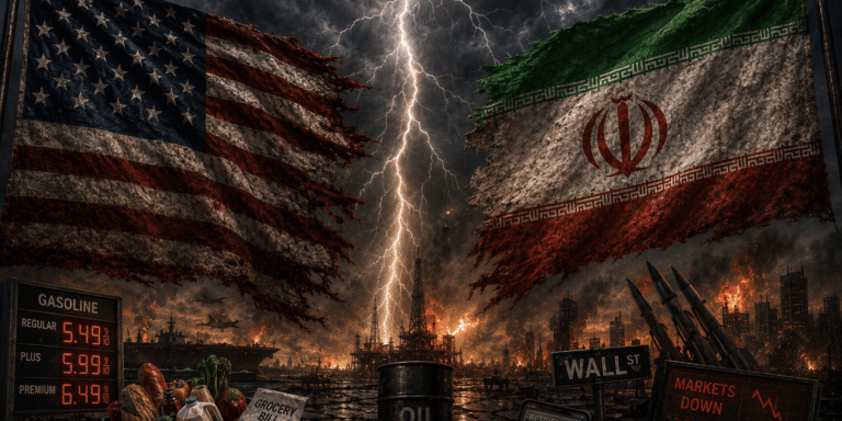Dramatic illustration of torn American and Iranian flags facing each other during a lightning storm symbolizing economic fallout, war escalation, rising inflation, and oil market instability