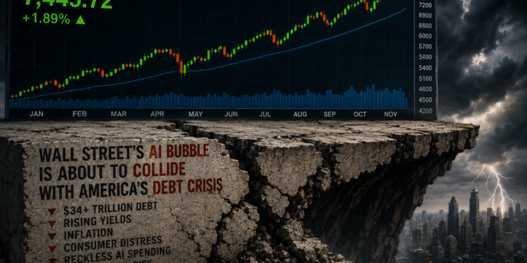 Wall Street AI bubble and America debt crisis illustration showing soaring S&P 500 chart above collapsing cliff with warnings about inflation, debt, AI spending, and rising Treasury yields