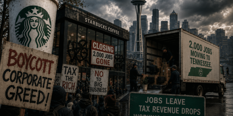 Protesters outside a Seattle Starbucks as a truck labeled “2,000 Jobs Moving to Tennessee” symbolizes corporate relocation and economic backlash