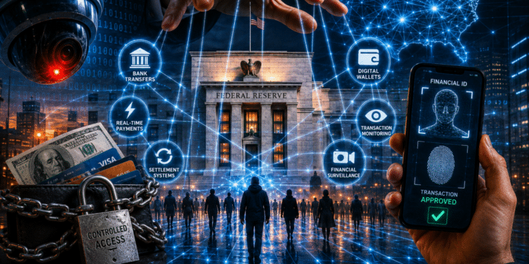Illustration showing financial surveillance technology connected to the Federal Reserve, digital payments, biometric identity systems, cashless society infrastructure, and centralized banking control.