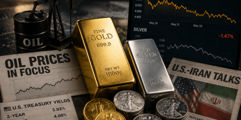 Gold bars, silver coins, oil barrel, and falling commodity charts illustrating Iran tensions, rising oil prices, inflation fears, and financial market instability