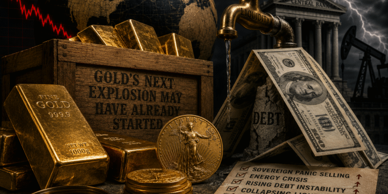 Gold bars, collapsing dollar imagery, sovereign debt crisis symbolism, and central bank instability representing fears of a gold standard return and a historic precious metals bull market