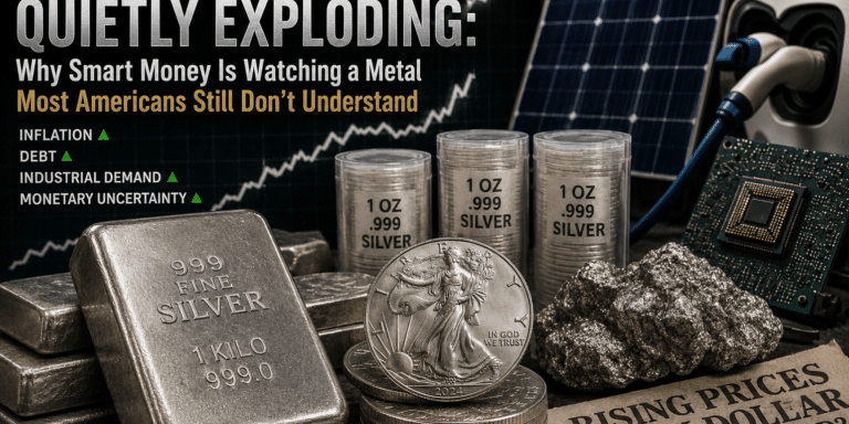 Is silver a good investment concept showing silver bars, coins, rising price charts, AI chips, solar panels, and inflation headlines