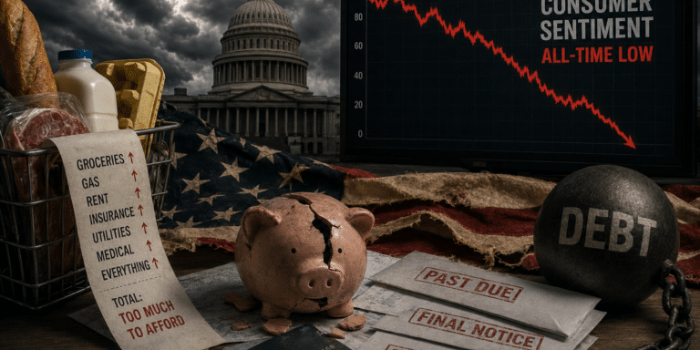 Broken piggy bank, overdue bills, debt chain, and collapsing consumer sentiment chart symbolizing fears of economic collapse in America