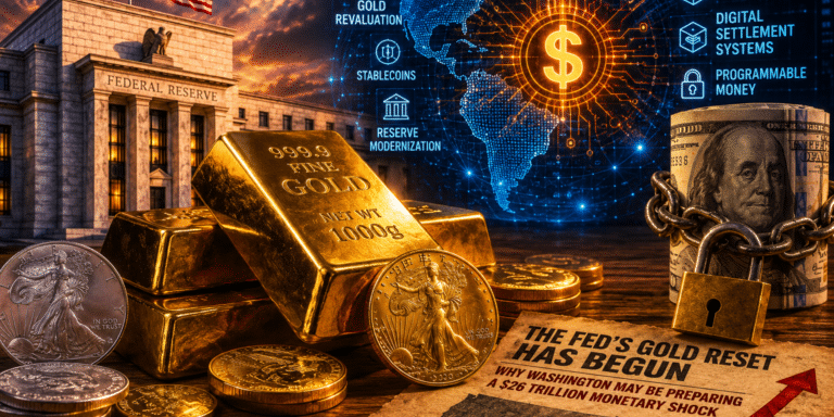 Gold bars and silver coins in front of the Federal Reserve building with digital dollar network graphics symbolizing the Fed’s Gold Reset and a potential monetary system transformation