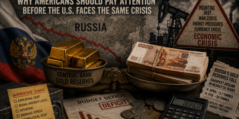 US debt crisis warning illustrated by Russia selling gold reserves amid inflation, deficits, economic instability, and currency pressure
