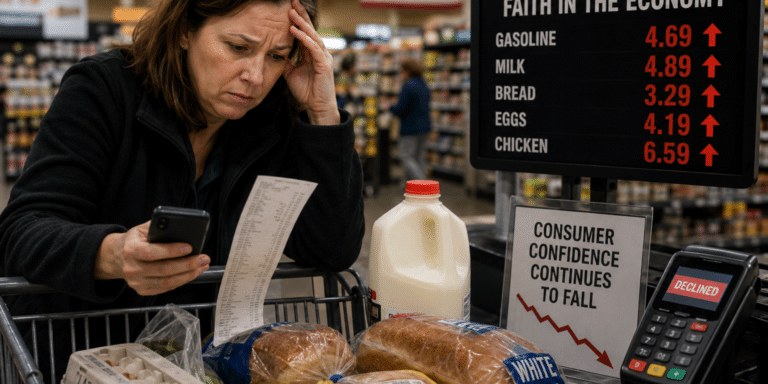Consumer confidence falling as stressed American shopper struggles with rising grocery prices, inflation, and economic uncertainty in supermarket checkout line