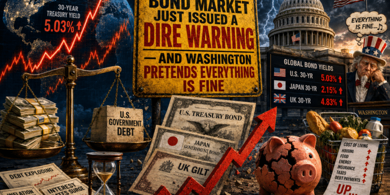 Illustration of the US debt crisis showing rising Treasury bond yields, inflation, exploding government debt, a broken piggy bank, and Washington ignoring warnings from global bond markets.