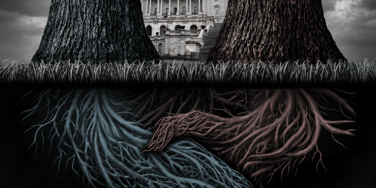 Illustration of the U.S. Capitol framed by two massive trees with intertwined underground roots symbolizing hidden government power, Deep State influence, surveillance networks, and growing US dollar collapse fears in Washington