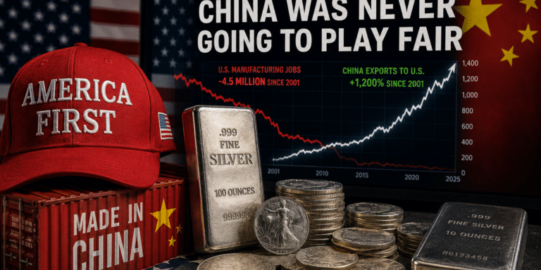 Trump trade war graphic showing China exports rising while American manufacturing declines amid accelerating deglobalization.