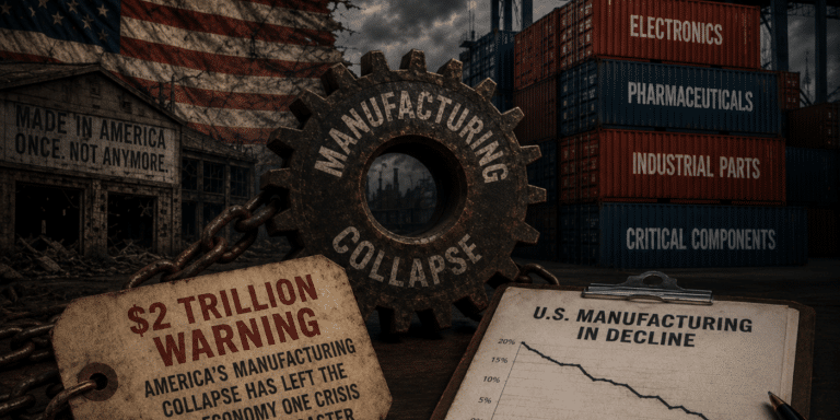 Fears of a US dollar collapse with abandoned American factories, a broken manufacturing gear, Chinese shipping containers labeled electronics and pharmaceuticals, a declining U.S. manufacturing chart, and a $2 trillion economic warning sign symbolizing America’s industrial and economic vulnerability.