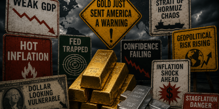 Gold price forecast graphic showing gold and silver bars surrounded by warning signs for weak GDP, hot inflation, dollar weakness, stagflation risk and Strait of Hormuz tensions.