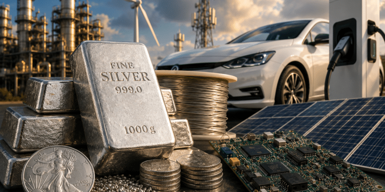 Silver bars and coins beside solar panels and electric vehicles illustrating the silver price forecast driven by rising industrial demand