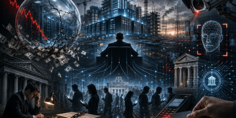 AI bubble burst illustration showing surveillance systems, data centers, debt markets, and centralized digital financial control