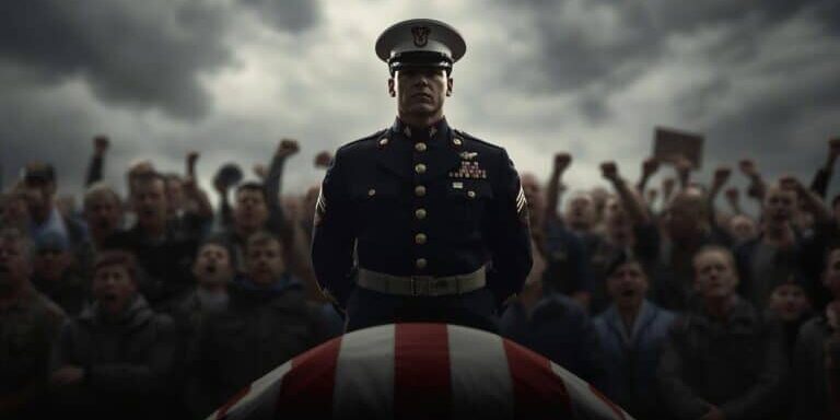 create an image of a national guardsmen protecting a casket in front of an angry crowd