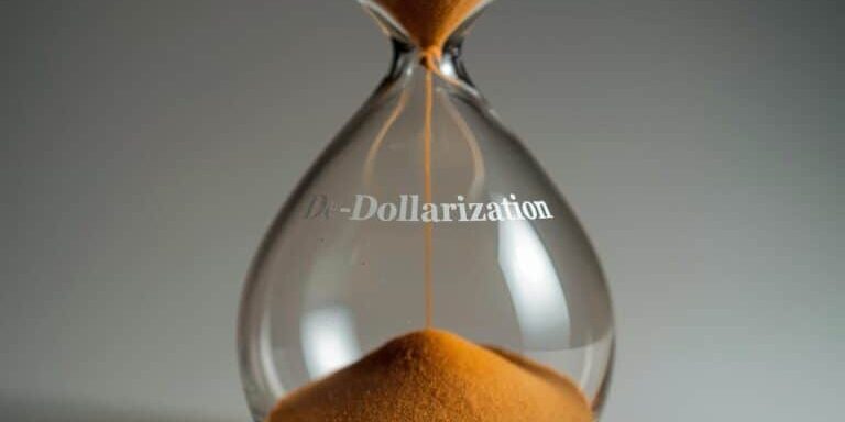create an image of a sand hour glass titled De-Dollarization