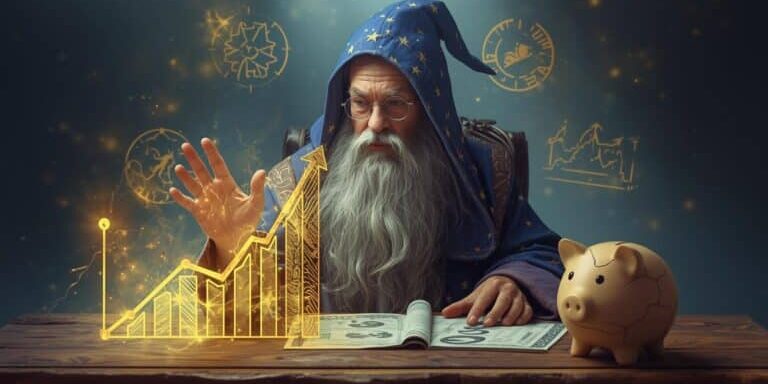 create an image of a wizard working to create a healthy economy, include a chart and broken piggy bank