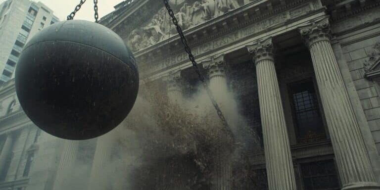 create an image of a wrecking ball heading towards a bank