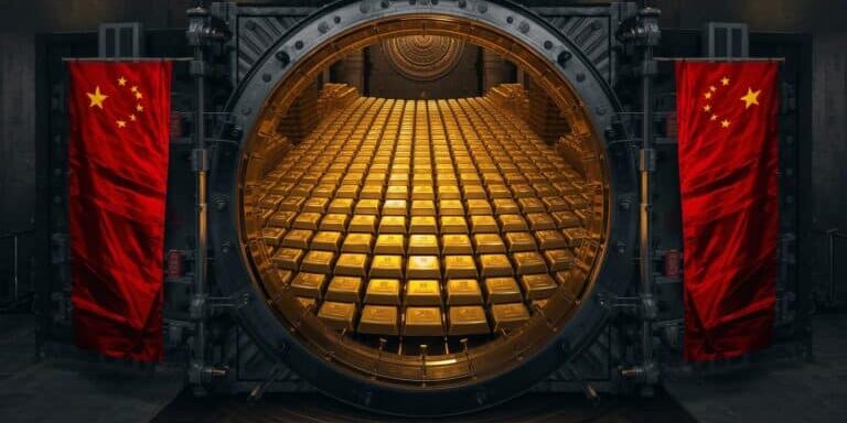 look inside of a bank vault full of gold bars stacked with two Chinese flags outside the opened vault door on both sides
