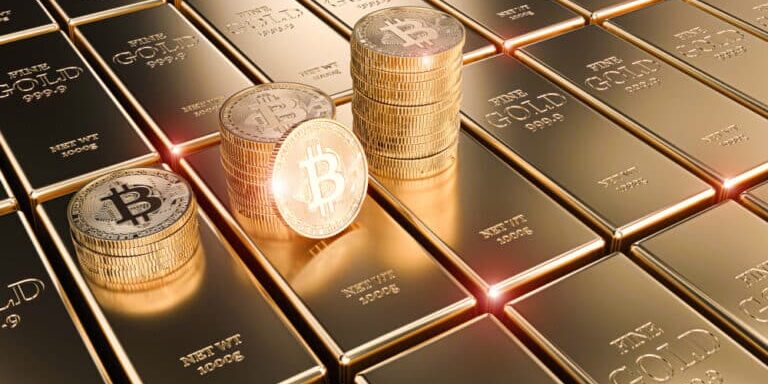 Gold,Bitcoin,Coins,On,Classic,Ingots,,Concept,Of,Cryptocurrency,And