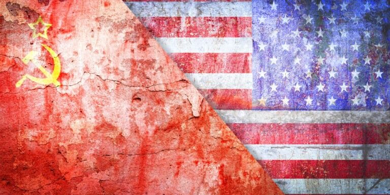 Soviet,Union,Confrontation,United,States,America,Concept,Cold,War,Flag