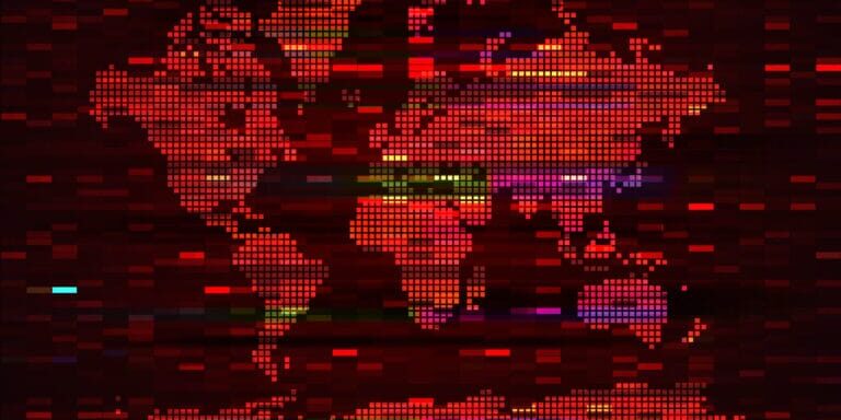 Map,Of,The,World,On,Red,Digital,Screen,With,Pixels