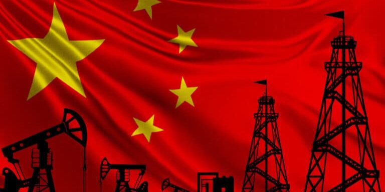 Oil,Rigs,On,The,Background,Of,The,Flag,Of,China.