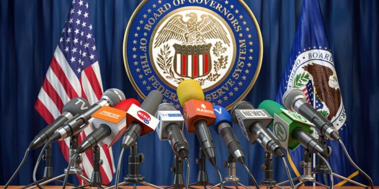 Federal,Reserve,System,Fed,Of,Usa,Press,Conference,Concept.,Microphones