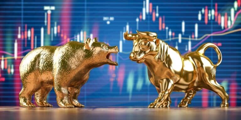 Golden,Bull,And,Bear,On,Stock,Data,Chart,Background.,Investing,