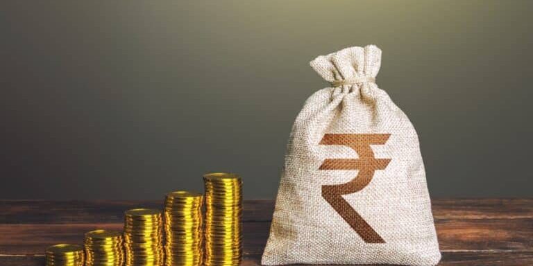 Indian,Rupee,Money,Bag,And,Increasing,Stacks,Of,Coins.,Rise