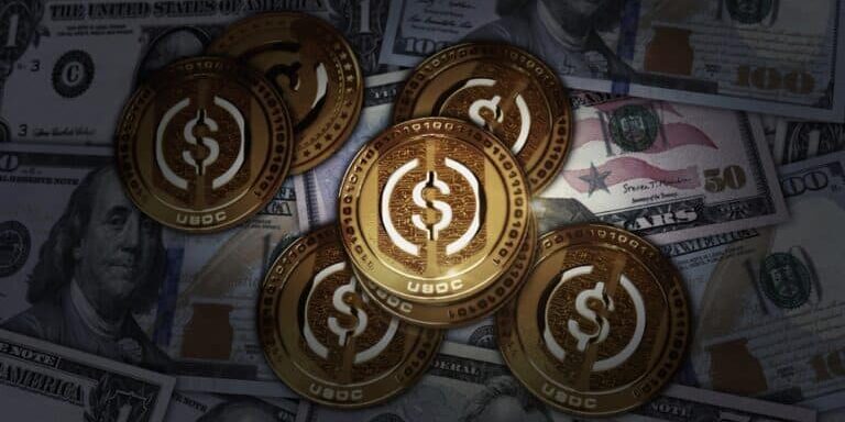 Usdc,Usd,Coin,Stablecoin,Cryptocurrency,Golden,Coin,Over,Dollar,Banknotes.