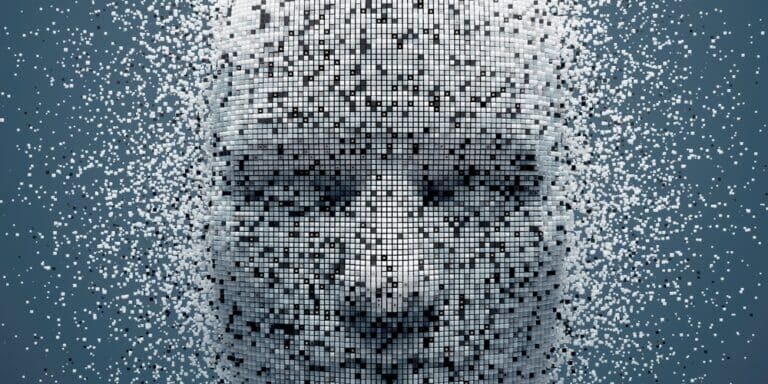 3d,Dissolving,Human,Head,Made,With,Cube,Particles.,Deep,Learning,