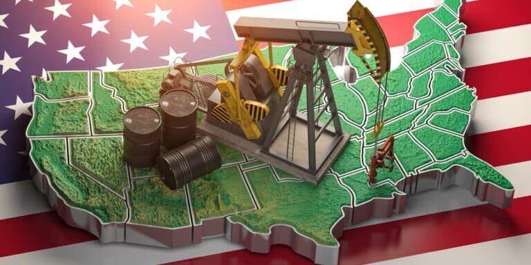 Oil,Pump,And,Oil,Barrels,On,Usa,Map.,Usa,Crude