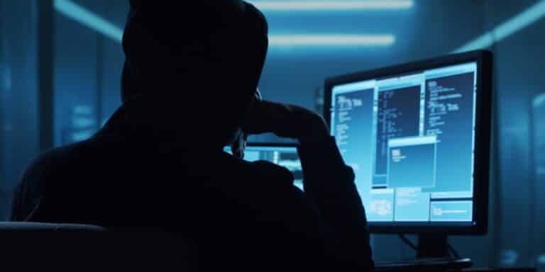 Computer,Hacker,In,Hoodie.,Obscured,Dark,Face.,Concept,Of,Hacker