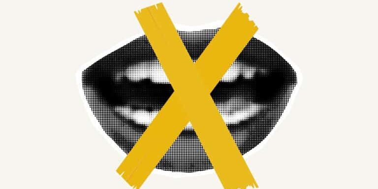 Censorship,,Halftone,Collage.,Women's,Lips,Are,Sealed,With,Red,Tape.