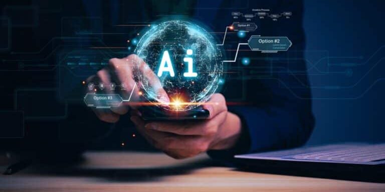 Businessman,Holding,Hologram,Ai,Chat,System,Virtual,Icon,Using,On