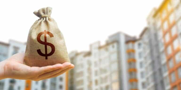 Dollar,Bag,Against,The,Background,Of,Modern,High-rise,Buildings.,Investing